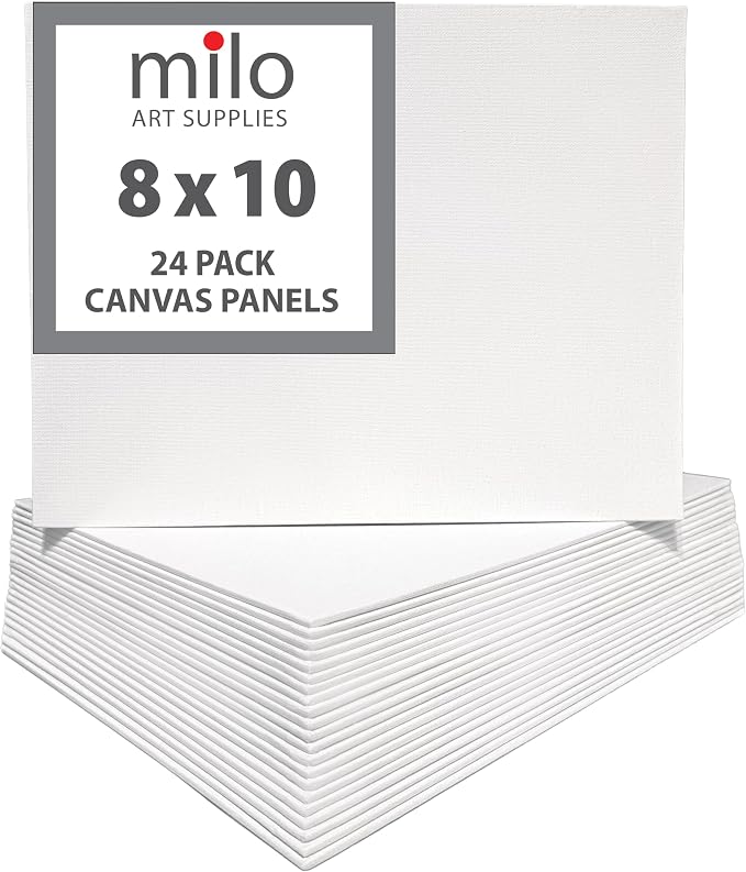 milo Canvas Flat Panel Boards for Painting, 8x10 inch, 24 Pack, White | Primed & Ready-to-Paint Art Supplies for Acrylic, Oil, Mixed Wet Media, & Pouring, Bulk, Painting Party Pack, Blank, Cotton