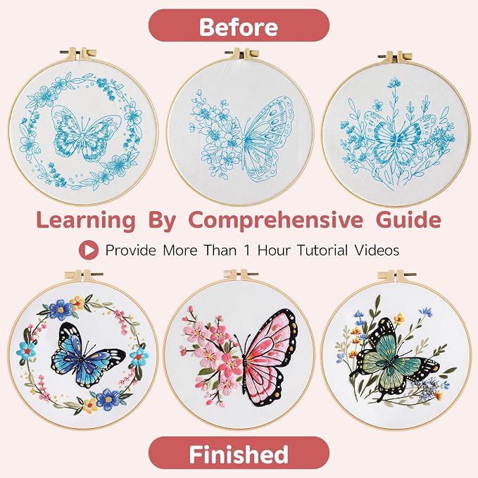 Meyocky Butterfly Flower Embroidery Kit for Beginners with Stitch Videos | 3 Pre-Printed Patterns Embroidery Kits for Adults, Step-by-Step Guide, Hoop Threads Needles, Sewing Hand Craft Gift for Women