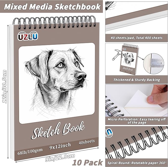 10 Pcs Sketch Book Bulk 9 x 12 in 400 Sheets Top Spiral Bound Sketch Pad Drawing Paper 40 Sheets Each Acid Free Mixed Media Sketchbook 68lb/100gsm Art Supplies for Beginner Artist