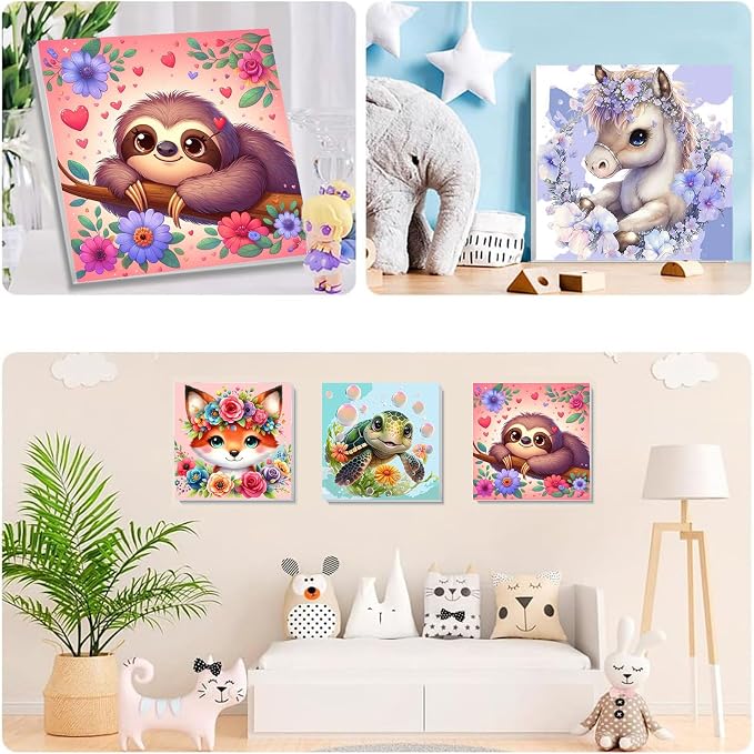 4 Pack Animal Paint by Number for Kids with Wooden Frame - Wooden Easel | Paint by Numbers for Kids Ages 4-8-12, Easy Sloth Fox Sea Turtle Horse DIY Oil Painting Kits for Home Wall Decor (8X8 inch)