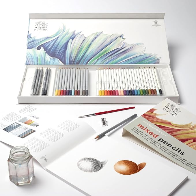 Winsor & Newton Studio Collection, Mixed Pencil Box Set, 45 piece | 24 Watercolor Pencils, 12 Color Pencils & 6 Graphite Pencils; Includes Watercolour Brush, Sharpener & Paper Pad