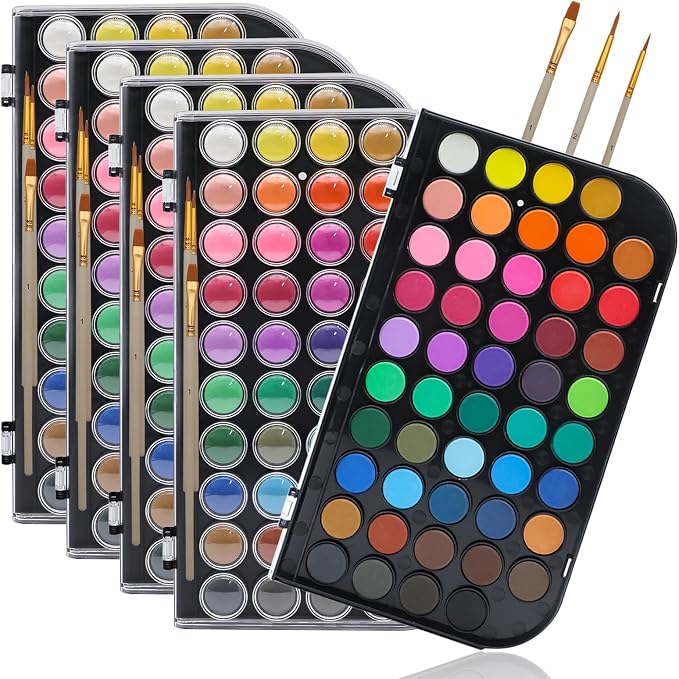 Artecho 48 Colors Watercolor Paint Set, 3 Brushes, 5 Packs | Washable Pan Watercolor, Travel Portable Design, for Card Making, Illustrations & Painting