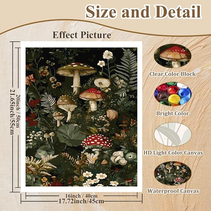 Mushroom Paint by Number, Paint by Numbers Kit for Adults Beginner 16x20 in