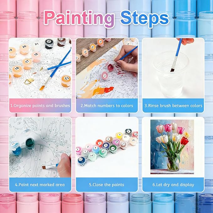 Gemozaic Tulip Paint by Numbers Kit for Adults, Rolled Canvas, 12 x 16 in | Easy Floral Paint by Number for Beginners, DIY Acrylic Numbers Painting for Home Wall Decor, Gift, Unframed, Rolled-up Pack