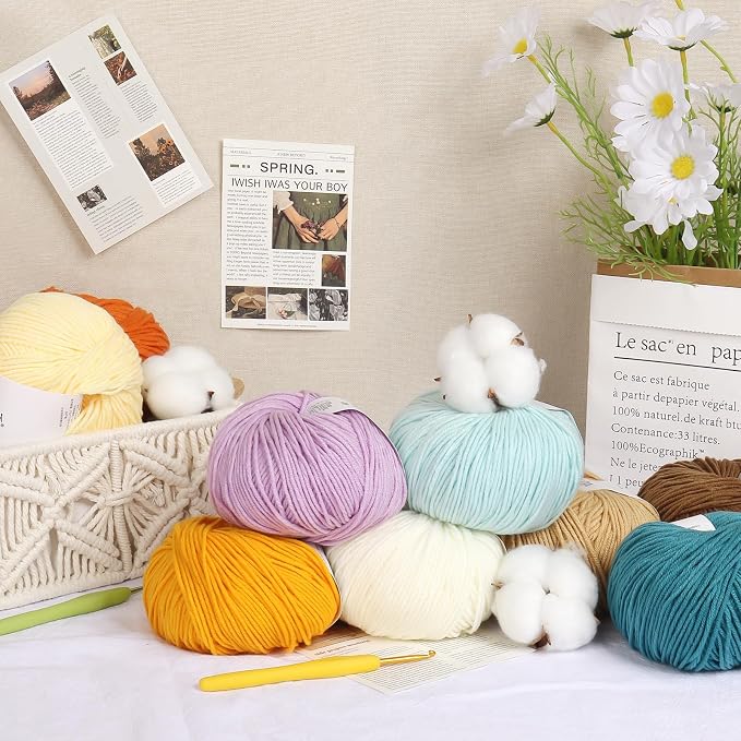Katech 20 Skeins Cotton Yarn for Crocheting-Crochet Yarn Set-(Color A) | 55% Cotton 45% Acrylic#3 DK (Light)-Super Soft Milk Cotton Yarn-Great Crochet and Knitting Starter Kit for Colorful Craft