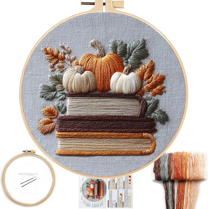 FONNUY Fall Embroidery Kit, Handmade Autumn Wreath Pre-Stamped Pattern for Beginners, Thanksgiving Harvest Home Decor, 8'' Hoop (Pumpkin Book)