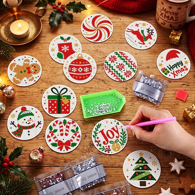 Zonon 12 Pcs Christmas Diamond Art Magnets Kit, Joyful Xmas | Holiday Diamond Painting Magnetic Stickers,Joy Snowman Reindeer Gingerbread,Red Green Diamond Fridge Magnets for Xmas Decor