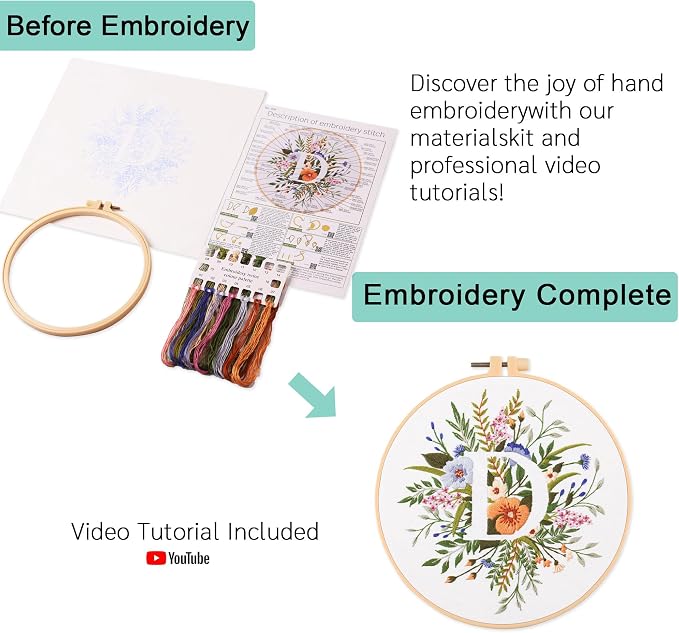 Harimau Letter D Pattern Embroidery Kit for Adult Beginners, Complete Starter Pack with 1 Hoop, Needles, Instruction Guide & Embroidery Stitch Video Tutorials