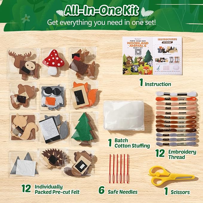 CiyvoLyeen Woodland Animals Craft Kit Kids DIY Crafting and Sewing Set Woodland Animals Felt Plushie for Girls and Boys Educational Beginners Sewing Set Sewing Kits for Kids Age 8 9 10 11 12