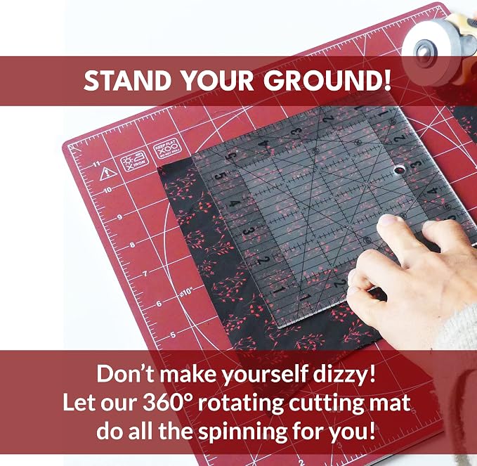 Madam Sew 12"×12" Rotating Self-Healing Cutting Mat — 360° Spin with Locking Base | Grid, Bias & Angle Lines | Non-Slip Rotating Cutting Mats for Quilting, Fabric, Sewing & Rotary Cutter Precision