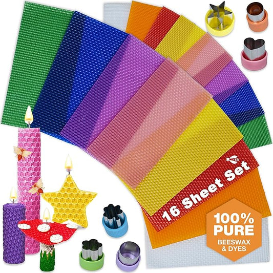 Beeswax Candle Making Kit for Kids - 100% Pure Bees Wax | 16 Multicolor Sheets - DIY Candle Rolling Supplies for Arts, Crafts and STEM Projects for Boys and Girls (+6 Shape Cutters)