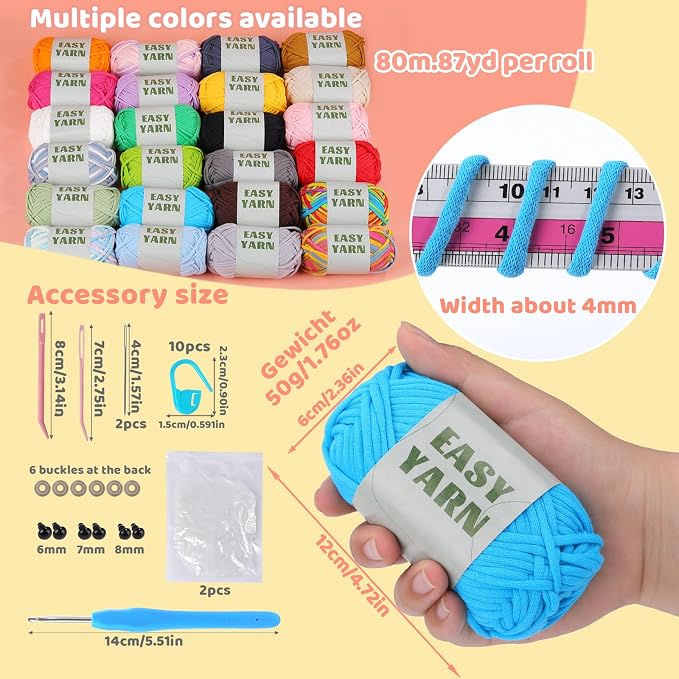 24 * 50g/1.76oz Crochet Yarn, 24 * 87yds Beginner Crochet Yarn | Beginner Easy Yarn for Crocheting with Easy-to-See Stitches, Worsted-Weight Medium #4 Blend Crochet Kit Making