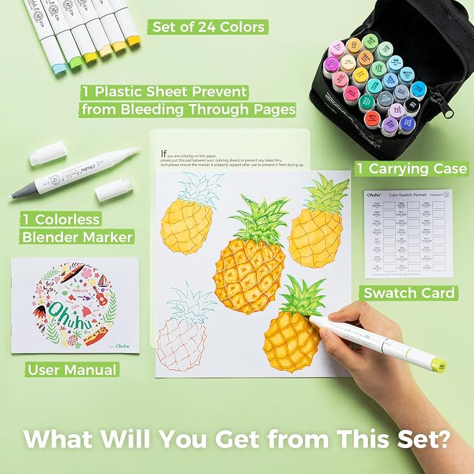 Ohuhu Alcohol Markers Brush& Fine 24 Colors for Adult Coloring AP Certified
