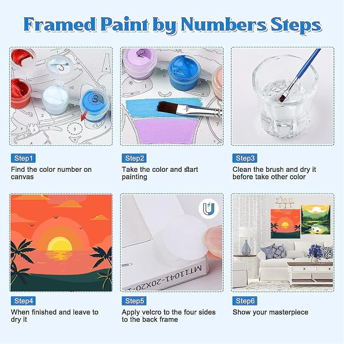 Canrichshop 4 Framed Landscape DIY Paint by Numbers Kit for Adults Beginner,Sunset Easy Painting by Number with Canvas,Acrylic Paint Kit Arts and Crafts for Adults for Decor 8x8inch