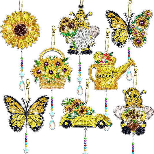 8 Pcs Gnomes Diamond Art Suncatchers Double Sided Diamond Painting Suncatcher Sunflower Diamond Painting Wind Chime Kits 5D DIY Diamond Art Kits for Adults Hanging Ornaments