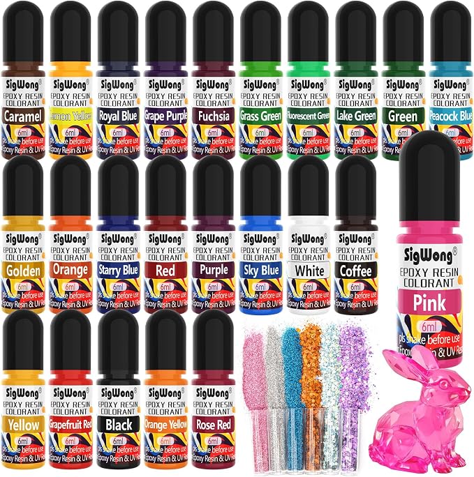 SigWong Epoxy Resin Color Pigment – 24 Colors Liquid Epoxy Dye Set with 6 Glitters, Highly Concentrated, Non-Toxic Resin Pigment for Art, Jewelry Making & Crafts – Each 6ml/ 0.25 oz