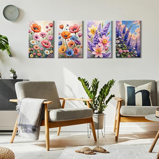 HeeBenor 4 Pack Flowers Paint by Numbers Kit for Adults Framed Canvas