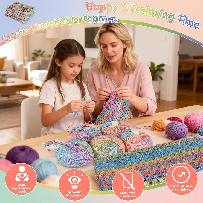 Aeelike Crochet Blanket Kit for Beginner, Easy Blanket Crochet Kit, Rainbow