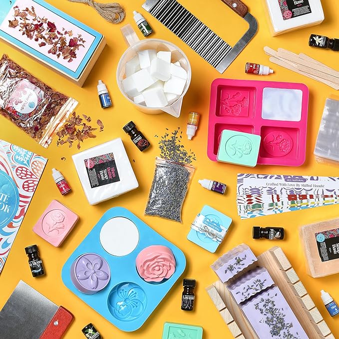 Soap Making Kit with Melt & Pour Base, Cutting Box, Molds, Fragrances - for Adults & Kids by Prime Creations.