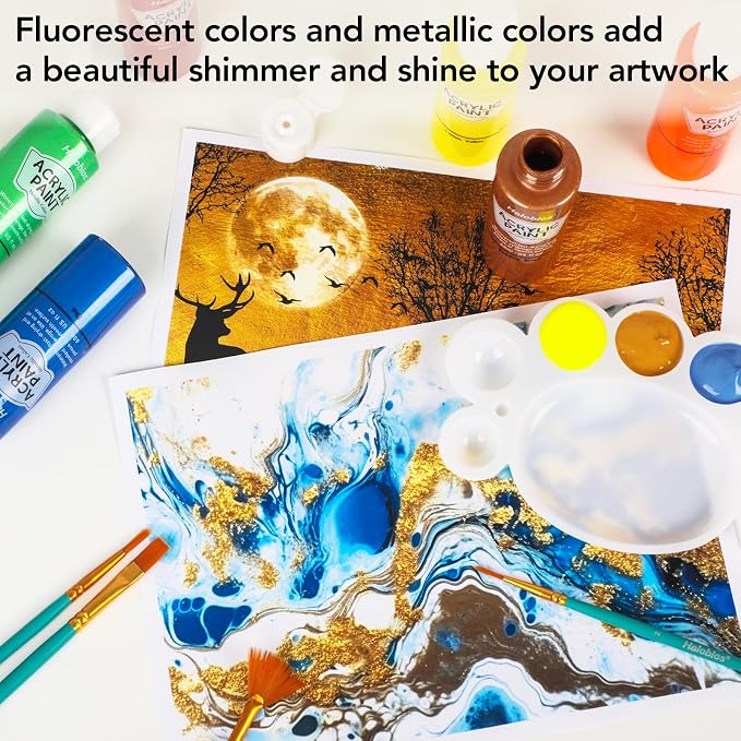 Halobios Acrylic Paint Set 50 Colors(2 fl oz/60 ml), Premium Acrylic Paints for Kids & Adults, With Fluorescent Colors & Metallic Colors for Painting, Drawing & Art Supplies, DIY Arts and Crafts