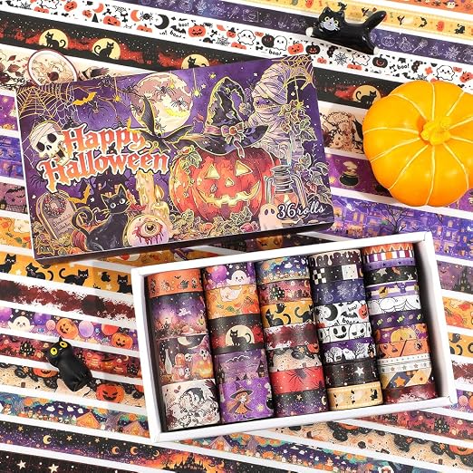 icceemee Halloween Washi Tape Set 36 Rolls, Vintage Pumpkin Ghost Bat Spider Witch Decorative Masking Tape, Holiday Craft Tape for Journaling Scrapbook Gift Wrapping Card Making DIY Crafts