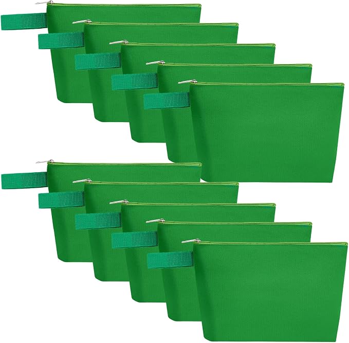 10 Pieces Cotton Canvas Makeup Bag with Bottom and Strap, Multi-Purpose Cosmetic Bag with Zipper Travel Toiletry Pouch, Blank DIY Craft Bag (Green, S)