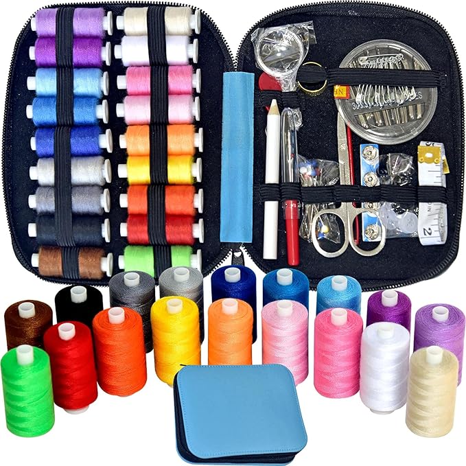 Sewing Kit with Case Portable Sewing Supplies for Home Traveler, Adults, Beginner, Emergency, Contains 18 Sewing Thread, Scissors, Needles, Measure etc,Medium Electric Blue
