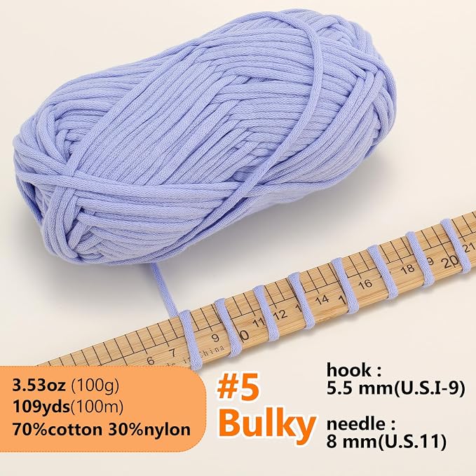 LUCKY BALL Yarn for Crocheting, 100g / 109 yd 70% Cotton 30% Nylon #5 Bulky Tube Yarn, Soft Crochet & Knitting Yarn for Bags, Hats, Socks, Sweaters, Blankets (Light Blue)