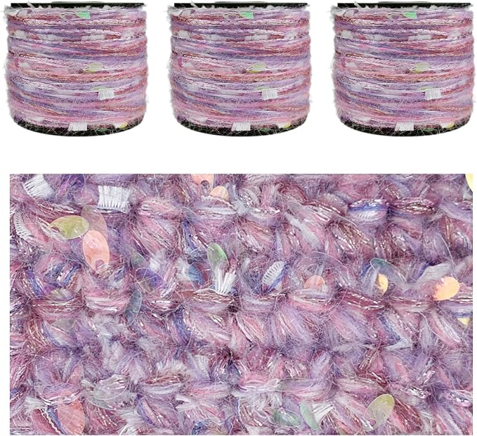 Artisanal Yarn Collection Multifiber Fancy Yarn with Silver Shimmering Threads & Iridescent Sequins for Knitting Crocheting Crafts DIY, Set of 3 Rolls (Lavender)