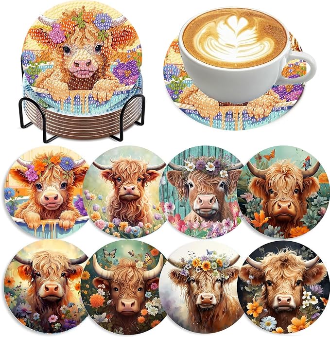 mrpwnle 8 Pack Highland Cow Diamond Art Coasters Kits for Adults Beginners