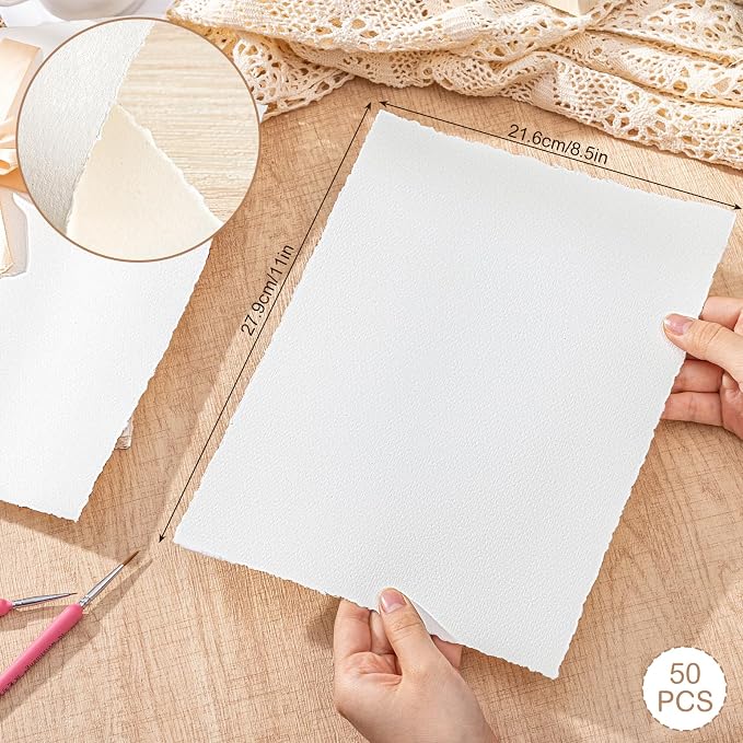 Watercolor Paper 8.5 x 11, 160 GSM Deckled Edge Handmade Paper, 50 Sheets
