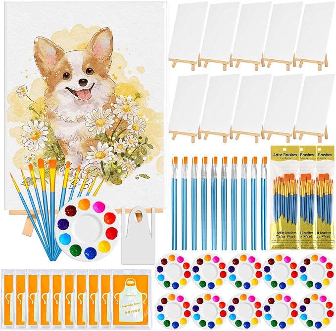 100-Pack 8x10 Inch Canvas Boards for Painting – Complete Art Kit with 50 Brushes, 20 Art Aprons & Paint Trays – Includes Mini Easel for Adults Beginners & Party Art Projects Home Deco