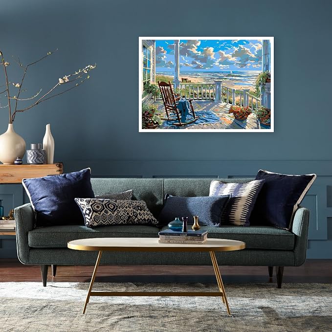 Clendo Landscape Paint by Numbers for Adults with Easel, Beach Adult Paint by Number Kits on Canvas, Framed DIY Color Oil Painting Acrylic Paints,Home Wall Decor 12x16inch
