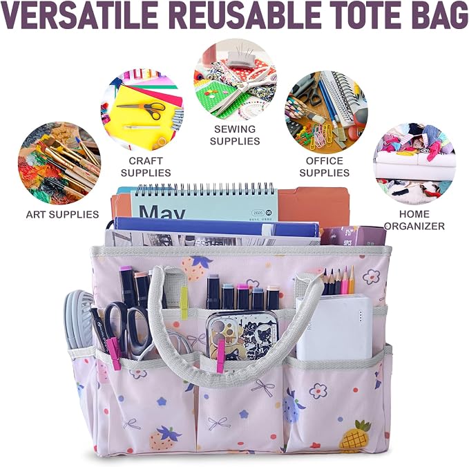 Cupohus Craft Organizer Tote Bag, Pink Fruit Sewing Bag for Art