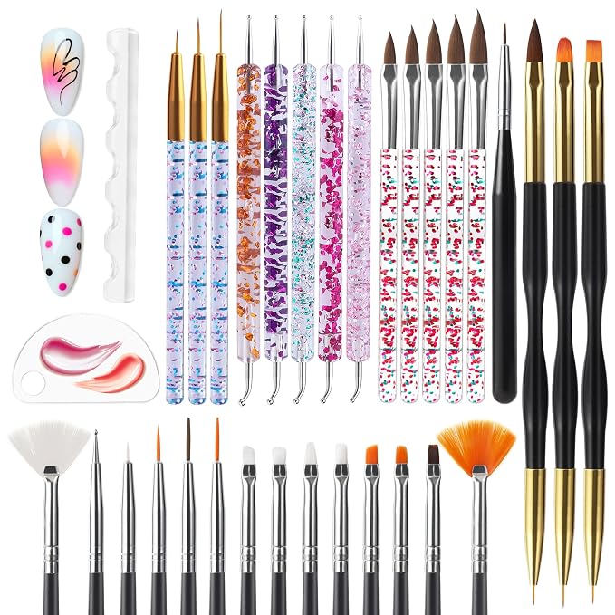 Artdone 32pcs Nail Art Brushes Tools Set Dotting Tools for Gel Polish | Dust Brush,Striping Brushes for Long Lines, Drawing Pen Design supply