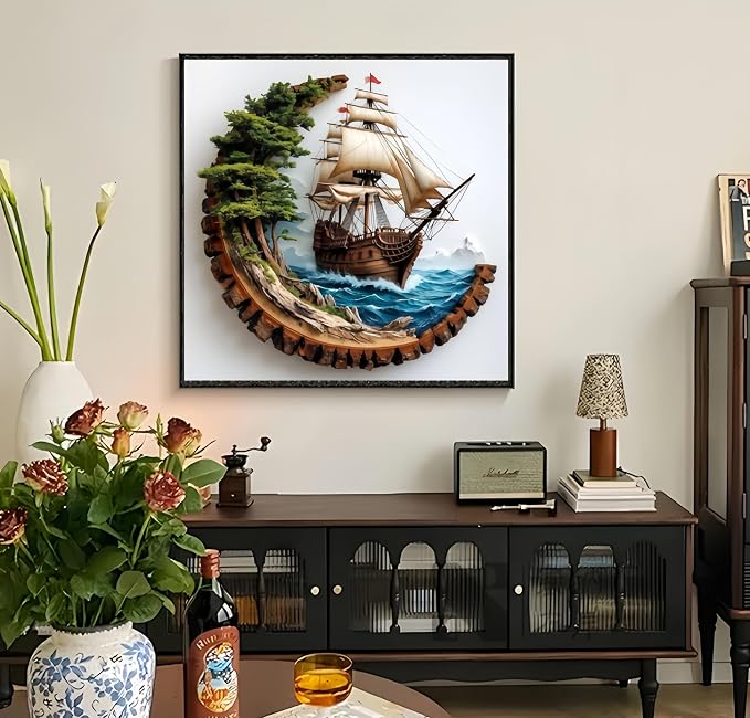 Diamond Paintings Kits for Adults,Sailboat Diamond Art,13.8x13.8 Inch | 5D DIY Full Round Drill Odyssey Wooden Nautical boat Paint by Diamond,Diamond Painting Dot Gem Art Crafts,for Home Wall Decor
