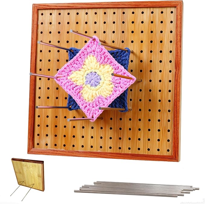 HHSarioneiro 7.8" Crochet Blocking Board with 16 Pins/Pegs, Granny Square Blocking Boards for Crochet Projects, Wooden Crocheting Accessories Gifts for Crocheters