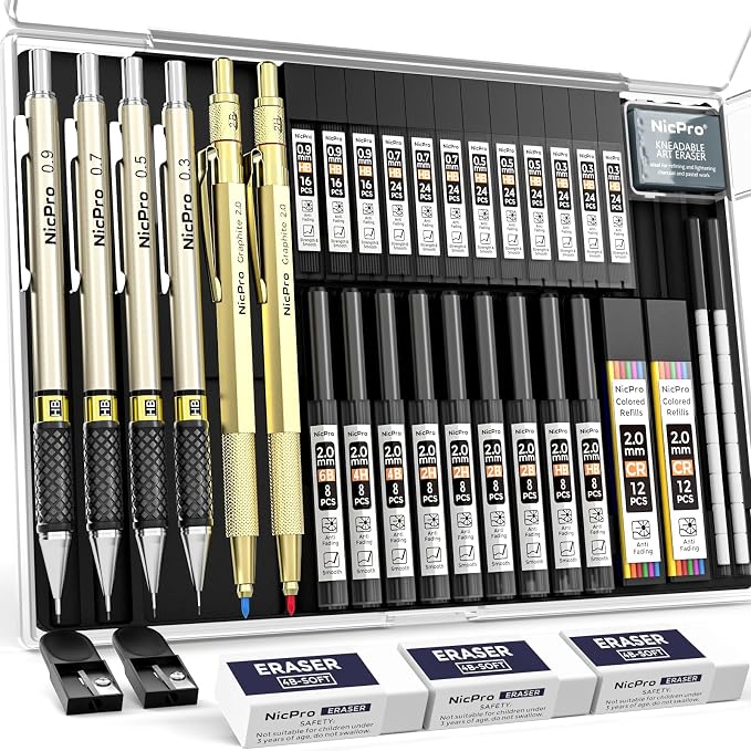 Nicpro 37PCS Gold Art Mechanical Pencil Set, 0.3/0.5/0.7/0.9/2mm Point | 360 Lead Refills(6B 4B 2B HB 2H 4H) 4 Erasers+18 Eraser Refills, Full Metal, School Supplies for Sketching Drawing Drafting