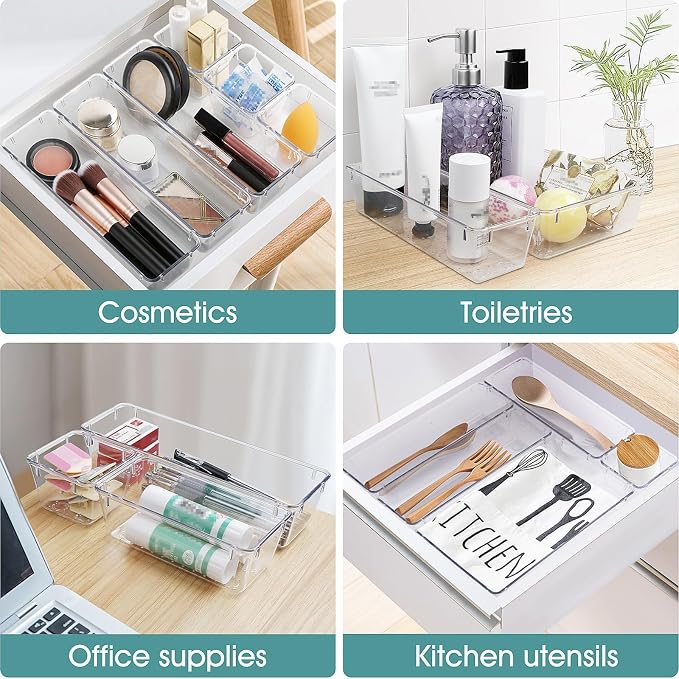 25 PCS Clear Plastic Drawer Organizer, Makeup Organizers and Storage Bins | 4 Sizes Desk Drawer Divider Organizers and Storage Bins for Makeup, Jewelry, Gadgets for Kitchen, Bedroom, Bathroom, Office