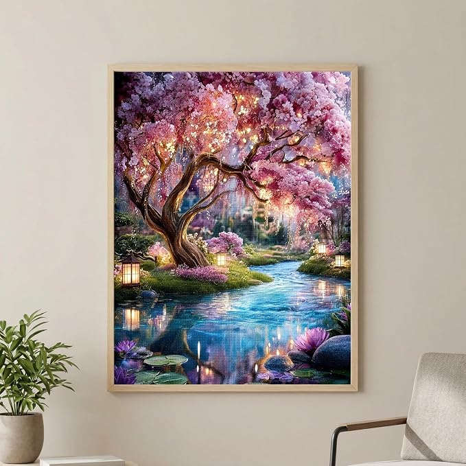 Cherry Blossom Tree Diamond Art Kit for Adults, Japanese Garden (12x16")