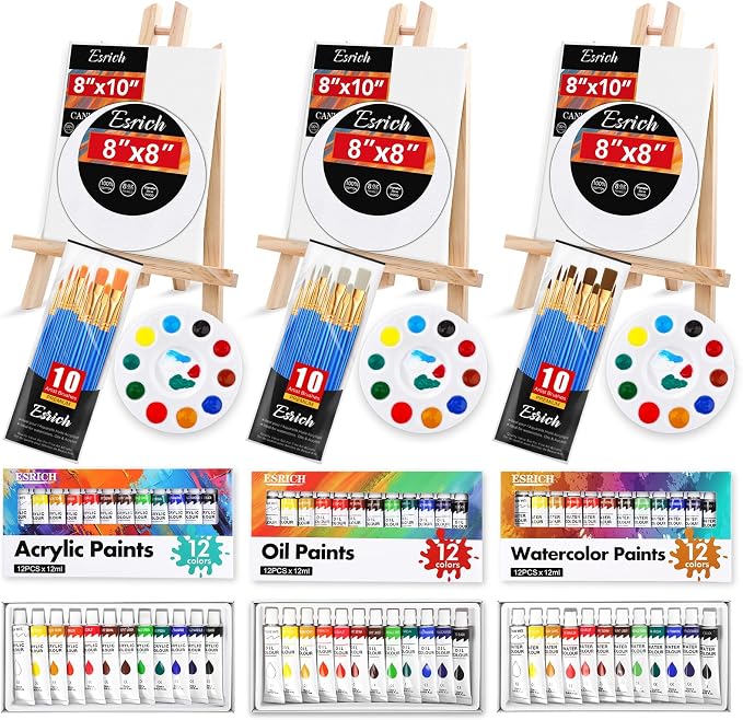 ESRICH 3 Set Acrylic Painting Kits for Adults Couples Date Night | Sip and Paint Kit for Date Night and Crafts, Oil, Watercolor & Acrylic Paint,Canvas and Easels, Palettes, Brushes