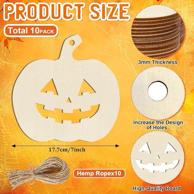Large Size 7inch Wooden Halloween Thanksgiving Ornaments to Paint,Pumpkin Cutouts Unfinished DIY Blank Unfinished Pumpkin Wood Discs Ornament for Crafts Hanging Autumn Decorations 10PCS