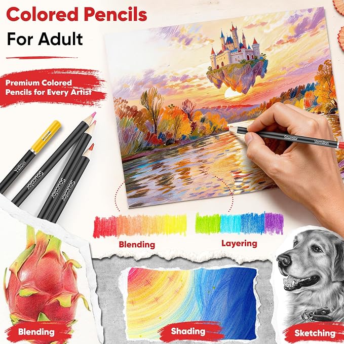 Soucolor 50 Colored Pencils -Colored Pencils Set for Adult Coloring Books | Break-Resistant Color Cores,Long-lasting vibrancy Colors,Smooth Writing,Easy Blending and Shading,Perfect for Coloring Books