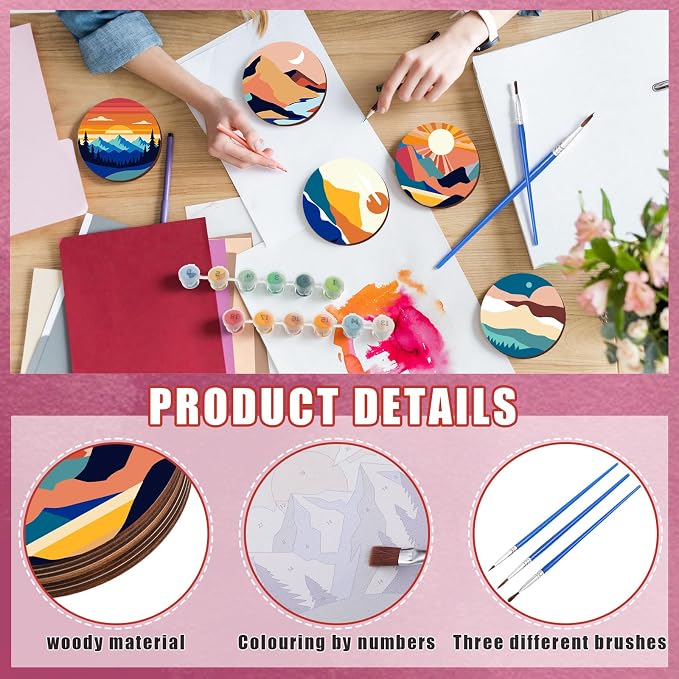 Reallnaive 8 Pcs Mountain Paint by Numbers Kit for Adults Wooden Coasters | Mini Paint by Numbers, Tiny Landscape Round Oil Painting Drink Coaster with Holder, for Small DIY Craft Birthday Gift
