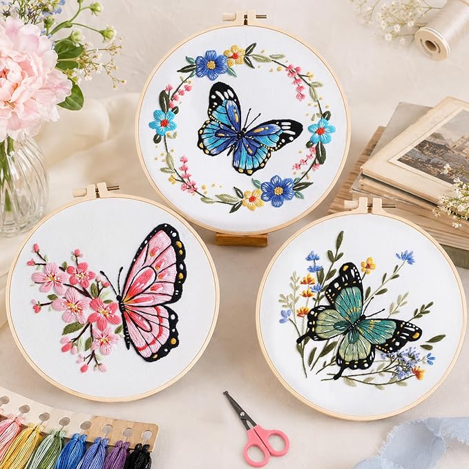 Meyocky Butterfly Flower Embroidery Kit for Beginners with Stitch Videos | 3 Pre-Printed Patterns Embroidery Kits for Adults, Step-by-Step Guide, Hoop Threads Needles, Sewing Hand Craft Gift for Women
