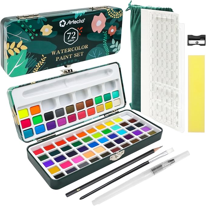 Artecho Watercolor Paint Set, 72 Colors with Metallics, Travel Case | 50 Classic, 18 Metallic & 4 Fluorescent Colors; Watercolor Paper and Brushes Included