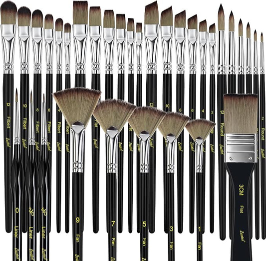 Bougimal 33 Pcs Paint Brush Set, No-Shedding Artist Paint Brushes | Paint Brush Kit with Flat Round Filbert Fan Angle Detail Brush for Acrylic, Oil, Watercolor, for Artists & Beginners (Black)