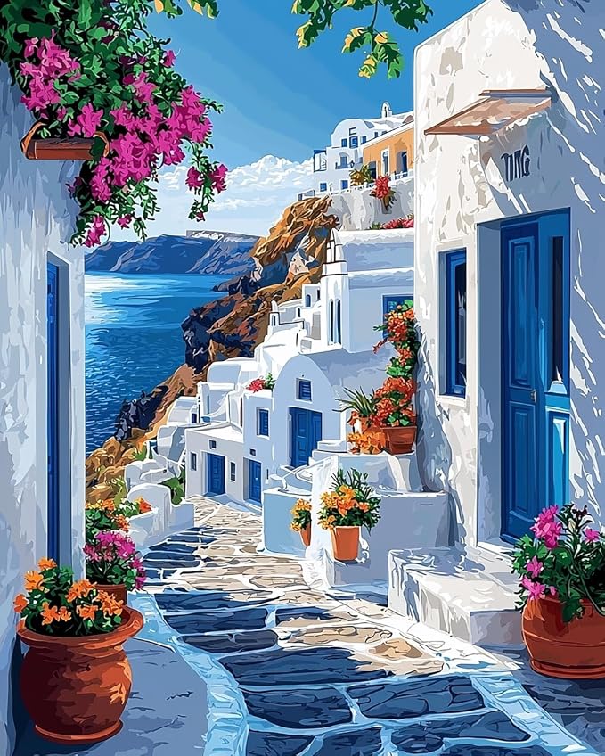 Mrnsiet Paint by Number for Adults Beginners, Easy Seaside Town Paint by Numbers Kits on Canvas, Coastal City Oil Painting Kits Adults' Paint-by-Number Kits for Home Wall Decor 16x20 Inch