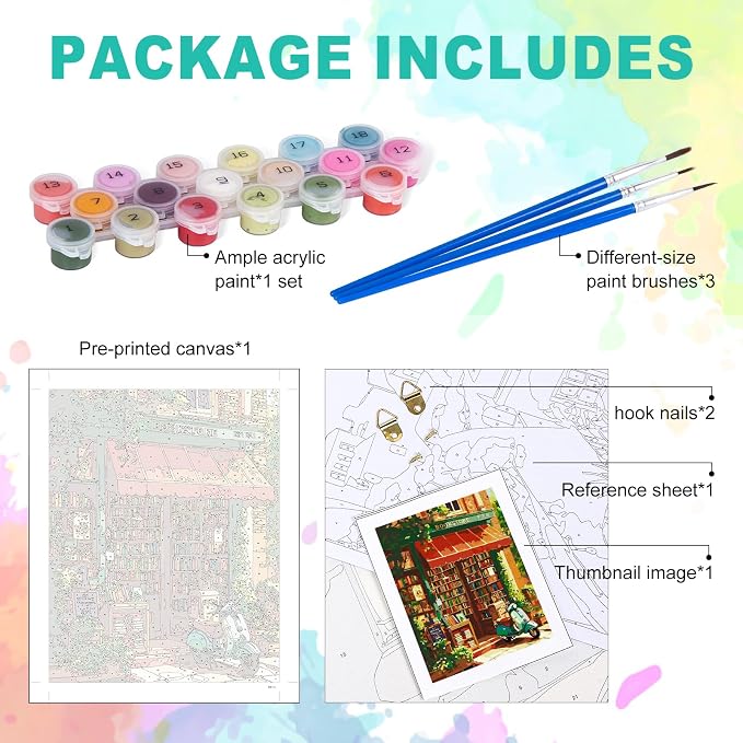 Paint by Numbers Kit for Adults, Cozy Bookstore Painting, 16 x 20 Inch | DIY Adult Paint by Number Kit on Canvas for Beginners, without Frame, Literary Wall Decor, Stress Relief Craft Gift