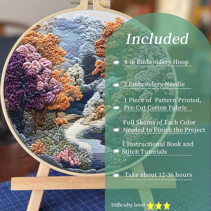 FONNUY Embroidery Kit for Beginners, Boho Nature Landscape Pre-Stamped Pattern Kits for Adults with Hoop, Easy to Follow Color Thread Needlework, 8'' Hoop (Late Spring)